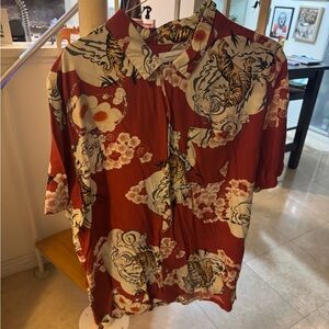 Urban Outfitters Men's Red Floral & Tiger Print Short-Sleeve Button up